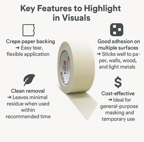 3M Paper Masking Tape 2214 1"x50mtr | Box of 6 Rolls